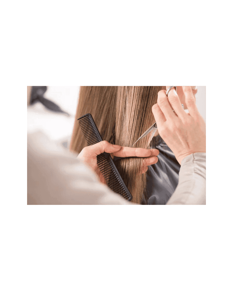 Stylist cutting straight brown hair with scissors and comb in a salon.